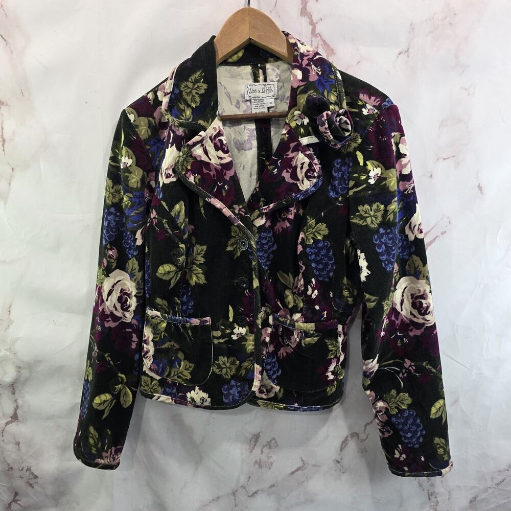 Vintage Y2K Jacket Womens Medium Green Pink Floral Corduroy Dark Forest Emerald